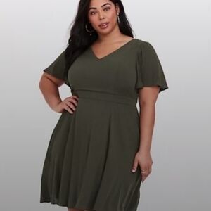 Torrid Olive Gauze Flutter Sleeve Skater Dress